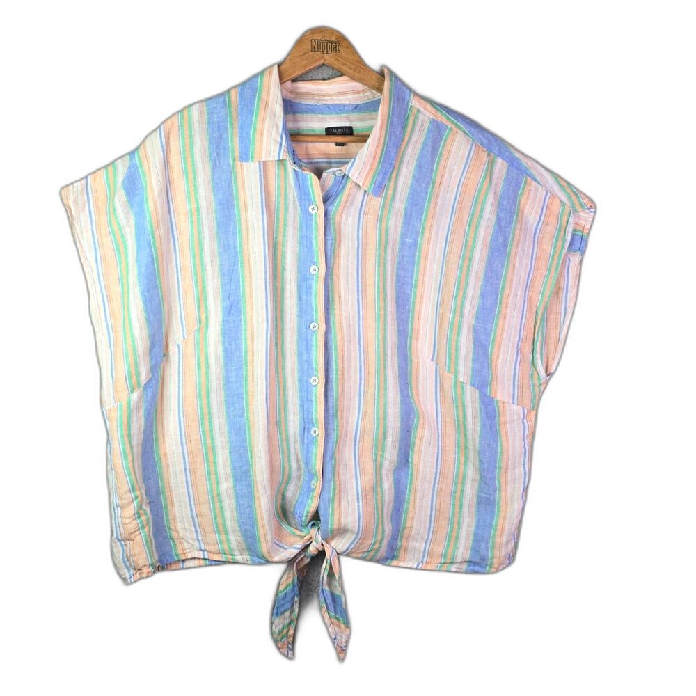 Talbots Plus Linen Blouse Pastel Stripe 3X Tie Front Coastal Grandmother